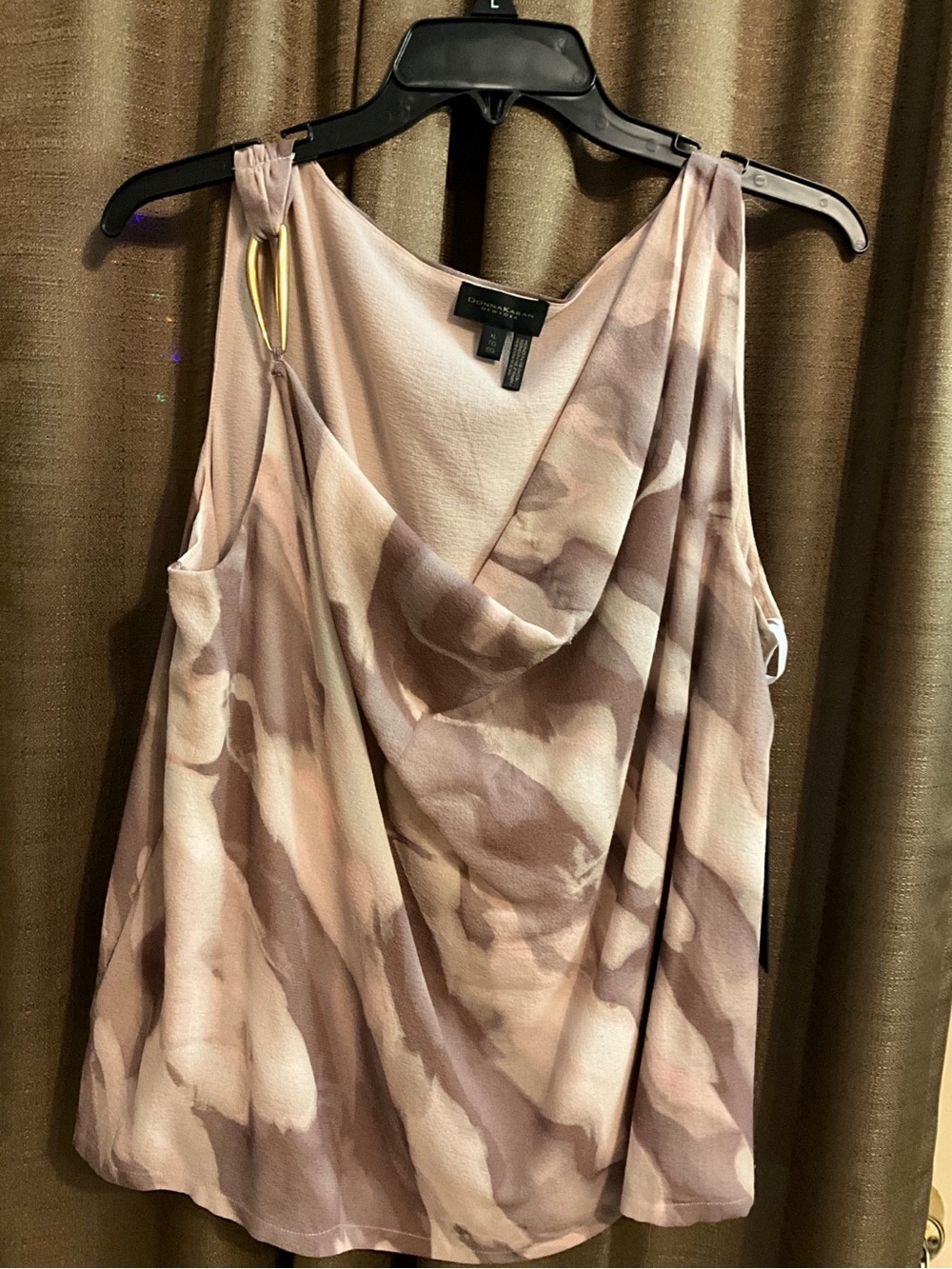 Donna Karan New York Printed Drape Neck Lined Top with Gold Ornament